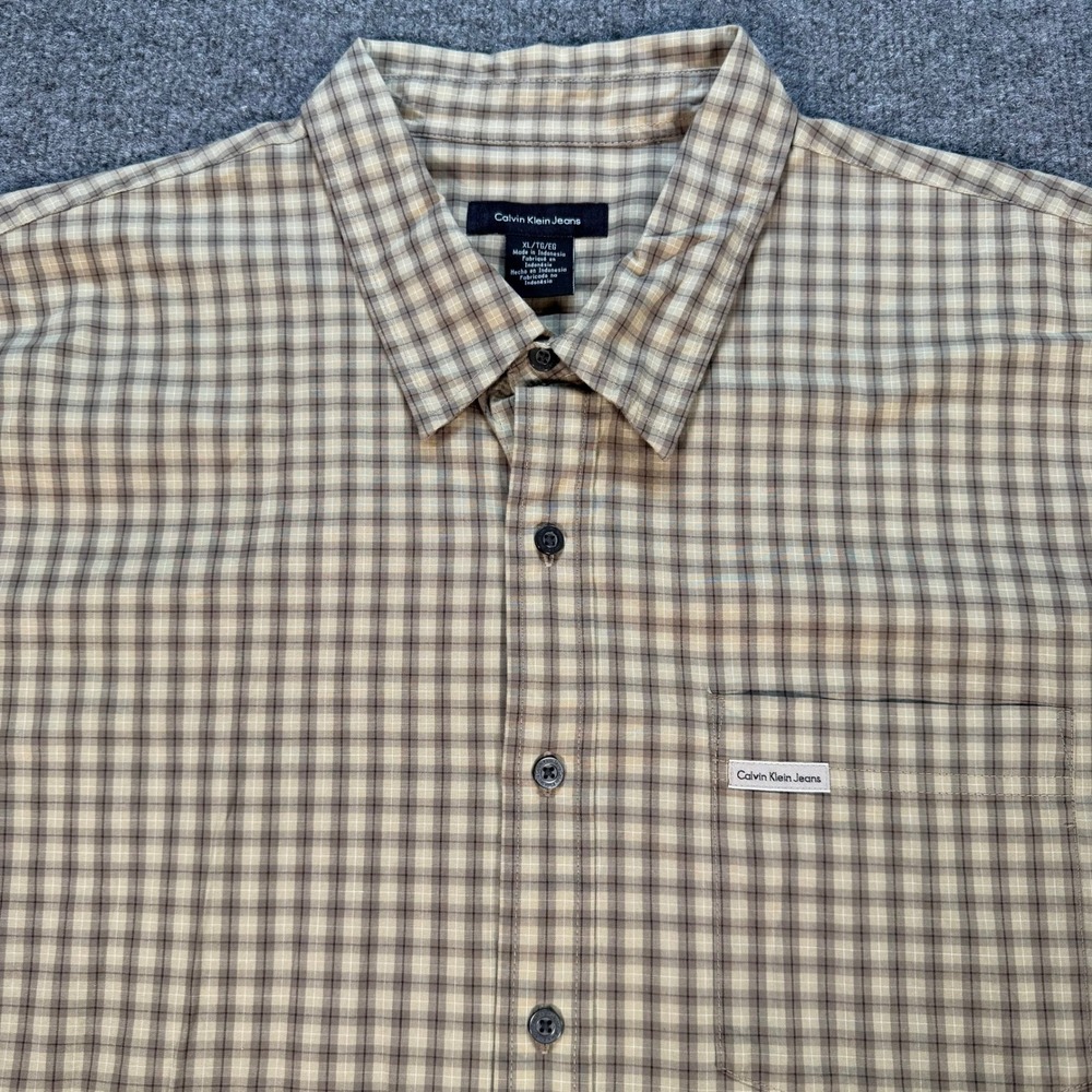 Calvin Klein Jeans Mens XL Short Sleeve Plaid Button Down Shirt Tan Brown #4197